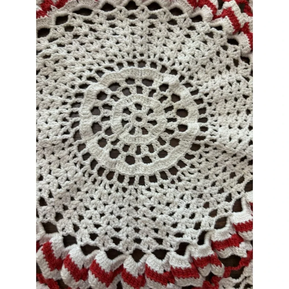Vintage Red White Crochet Doily 11